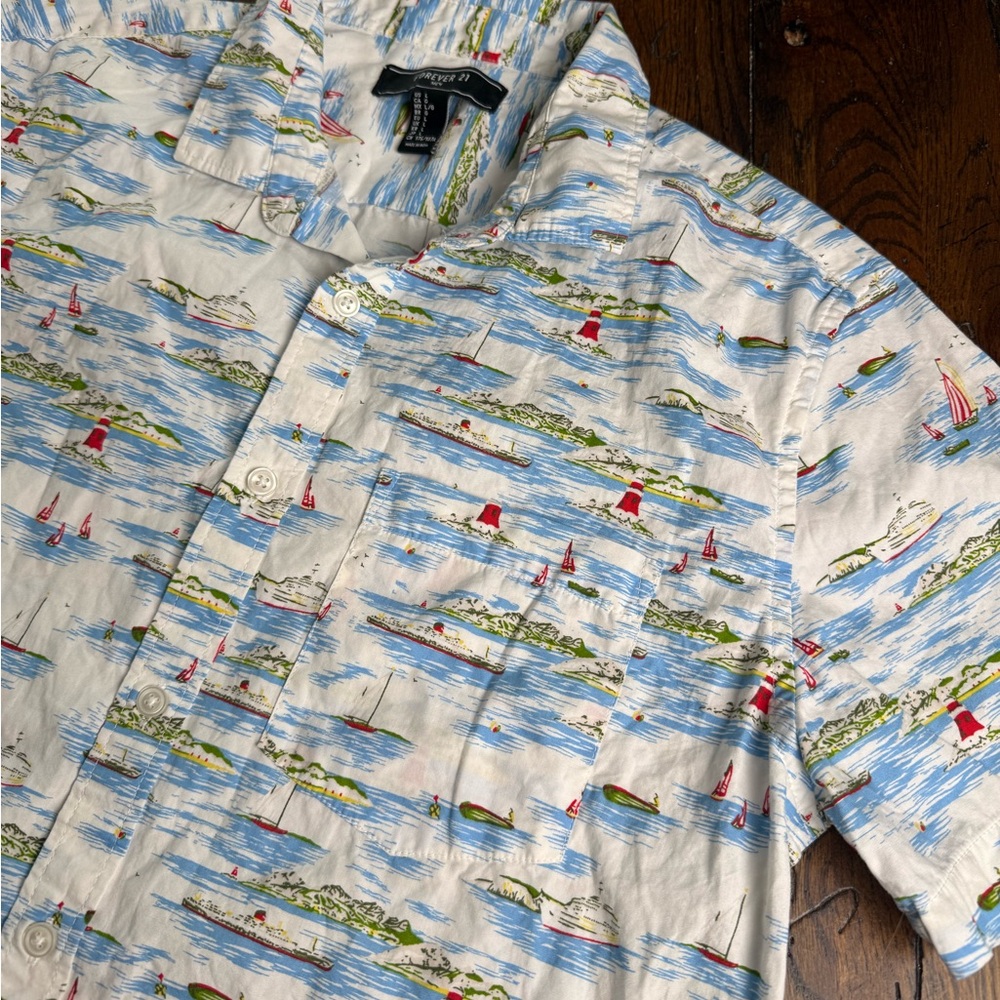 Forever 21 Blue and White Nautical Casual Button‎ Down Shirt L